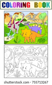 Cartoon Coloring for children dinosaurs in nature. Black and white vector illustration.