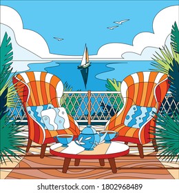 Cartoon coloring composition with two two armchairs on balcony overlooking the sea or ocean vector illustration