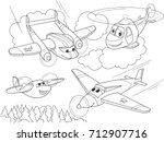 cartoon coloring helicopters and planes with faces. Live transport. Vector illustration.