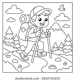 cartoon coloring page of a boy climbing a mountain with a bag and stick in the open air. Illustration for a coloring book with a mountain climbing theme