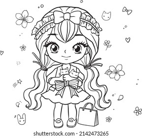 cartoon coloring page cute kawaii manga girl woman doodle