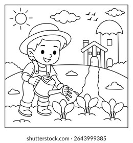 cartoon coloring page of little farmer watering vegetable plants in the garden