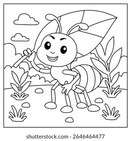 cartoon coloring pages of ants carrying leaves. cute animal illustrations for kids coloring books