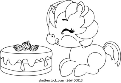 Cartoon coloring.
Cartoon pony with cake