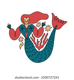 Cartoon coloring redhead mermaid princess, boho character red hair girl mascot groovy whimsical flat art. Doodle stellar celestial details. Hand-drawn mystical bohemian composition. Mythology totem