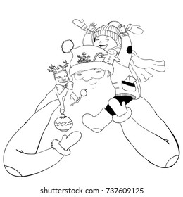 Cartoon coloring Santa with happy little boy in felt boots and cat with deer's horns, a 
Christmas toy and an apple on a stick. Vector children illustration. 