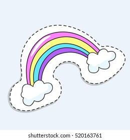 Cartoon Colors Rainbow Sticker. Vector Rainbow and Clouds. Vector illustration isolated on white background.
