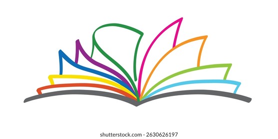 Cartoon colour, open book and pages. Education concept. Color, line drawing. Opened books sign. Book store logo. Flying pages. colouring book logo. library, bookshop, bookstore idea.