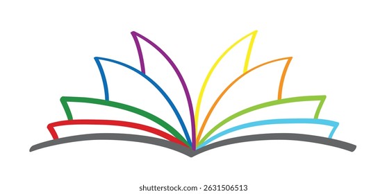 Cartoon colour, open book and pages. Education concept. Color, line drawing. Opened books sign. Book store logo. Flying pages. colouring book logo.