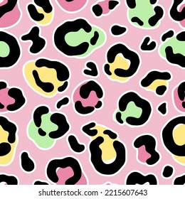 Cartoon colourful animal print, leopard print, vector seamless pattern in the style of doodles, hand drawn