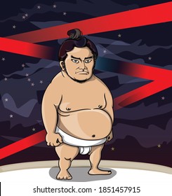 cartoon colourful sumo man on stage and background