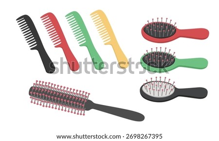 Cartoon comb vector set. Hairbrush clipart. Hair accessories. Flat vector in cartoon style isolated on white background.