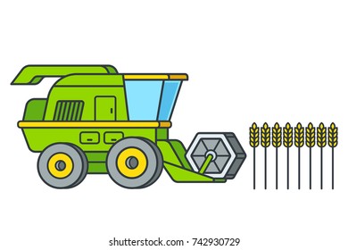 Cartoon combine harvesting wheat, line icon style. Agriculture vector illustration isolated on white background.