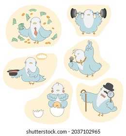 Cartoon comedy pigeons in various situations. The pigeon is a rich man, a popstar, a detective. He lifts a barbell, begs for bread. The mother bird is touched by the chick hatched from the egg.