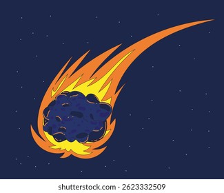 Cometa de desenhos animados ou meteorito com rastro laranja brilhante caindo em asteroide, perfeito para design com tema científico.