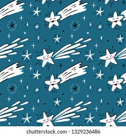Cartoon Comet Vector Seamless Pattern for Kids. Little Cute Falling Star Background. Shooting Stars for Birthday, Baby Shower or Nursery Design
