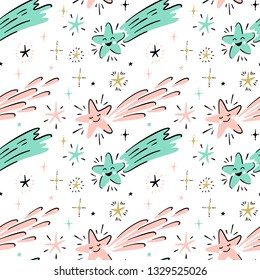 Cartoon Comet Vector Seamless Pattern for Kids. Little Cute Falling Star Background. Shooting Stars for Birthday, Baby Shower or Nursery Design