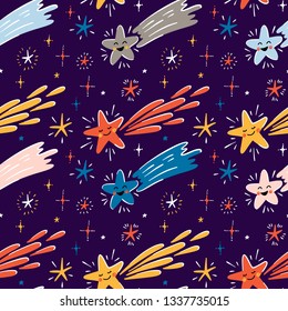Cartoon Comet Vector Seamless Pattern for Kids. Little Cute Falling Star Background. Shooting Stars for  Holiday or Birthday, Baby Shower or Nursery Design