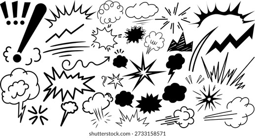 Cartoon Comic Action Effects Icon Set – Explosion, Spark, Zap and Impact Doodles.