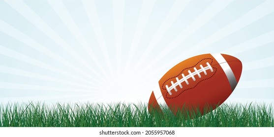 Cartoon, comic American football on green grass field. Sport team game cup. Rugby ball day. Funny super bowl weekend party. USA, sport finale, school games or on street. Vector summer background