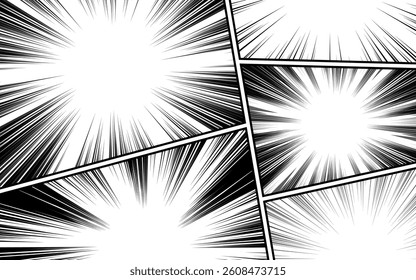 Cartoon comic background. Black and white comic poster with halftone elements and radial lines. Vector illustration