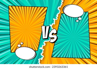 Cartoon comic background. Fight versus. Comics book colorful competition poster with torn paper element. Retro Pop Art style. Vector illustration