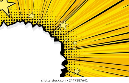 cartoon comic background with hole paper and stars on yellow