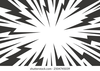 Cartoon comic background with lightning burst effect. Vector manga graphic with flash and abstract thunder. Energy explosion frame with electric light. Radial perspective monochrome beams.