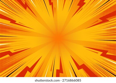 Fondo cómico de dibujos animados con efecto de ráfaga de relámpago. Vector manga gráfico con destellos y truenos. Marco de la explosión de la energía con la luz abstracta eléctrica. Vigas naranjas de perspectiva radial