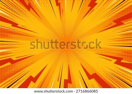 Cartoon comic background with lightning burst effect. Vector manga graphic with flash and thunders. Energy explosion frame with electric abstract light. Radial perspective orange beams