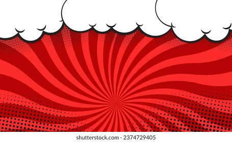 Fondo de historietas de dibujos animados, caricatura del libro de historietas rojas de arte pop. fondo cómico con abstracto de medio tono de patrón de punto. Ilustración vectorial de medio tono. Fondo vintage para el texto de superhéroe cómico, burbuja de habla, 