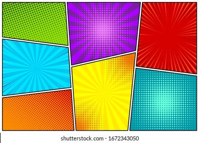 Cartoon Comic-Hintergründe Set. Comics buchen buntes Poster mit Halftone-Elementen. Retro Pop Art Stil. Vektorillustration.