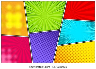 Cartoon comic backgrounds set. Comics book colorful poster with halftone elements. Retro Pop Art style. Vector illustration.