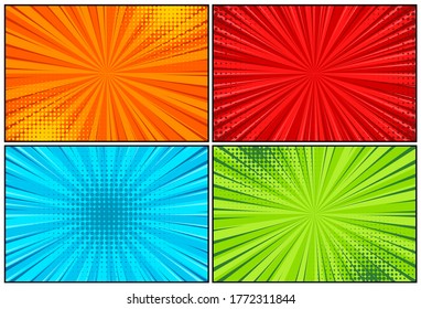 Cartoon comic backgrounds set. Comics book colorful poster with halftone elements. Retro Pop Art style. Vector illustration.