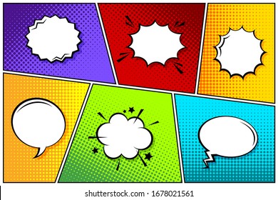 Cartoon comic backgrounds set. Speech bubble. Comics book colorful poster with halftone elements. Retro Pop Art style. Vector illustration.