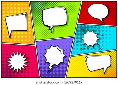 Cartoon comic backgrounds set. Speech bubble. Comics book colorful poster with halftone elements. Retro Pop Art style. Vector illustration.