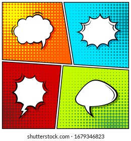 Cartoon comic backgrounds set. Speech bubble. Comics book colorful poster with halftone elements. Retro Pop Art style. Vector illustration.