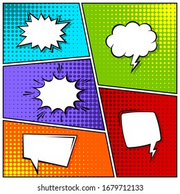 Cartoon comic backgrounds set. Speech bubble. Comics book colorful poster with halftone elements. Retro Pop Art style. Vector illustration.