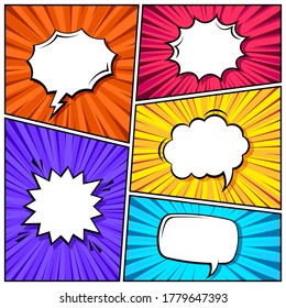 Cartoon comic backgrounds set. Speech bubble. Comics book colorful poster with radial lines. Retro Pop Art style. Vector illustration.
