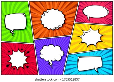 Cartoon comic backgrounds set. Speech bubble. Comics book colorful poster with radial lines. Retro Pop Art style. Vector illustration.