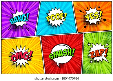 Cartoon comic backgrounds set. Speech bubble. Comics book colorful poster with halftone elements and text. Vector illustration.