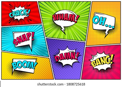 Cartoon comic backgrounds set. Speech bubble. Comics book colorful poster with halftone elements and text. Vector illustration.
