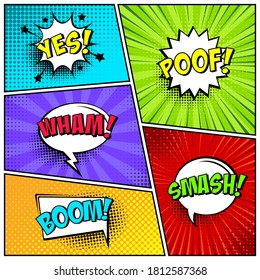 Cartoon comic backgrounds set. Speech bubble. Comics book colorful poster with halftone elements and text. Vector illustration.