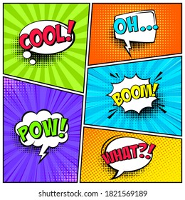 Cartoon comic backgrounds set. Speech bubble. Comics book colorful poster with halftone elements and text. Vector illustration.