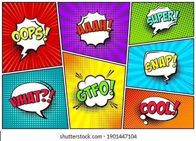 Cartoon comic backgrounds set. Speech bubble. Comics book colorful poster with halftone elements and text. Vector illustration.