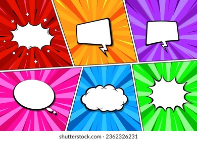 Cartoon comic backgrounds set. Speech bubble. Comics book colorful poster. Retro Pop Art style. Vector illustration.