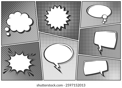 Cartoon comic backgrounds set. Speech bubble. Comics book black and white poster with halftone elements. Retro Pop Art style. Vector illustration