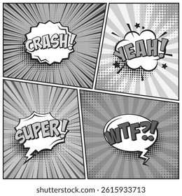 Cartoon comic backgrounds set. Speech bubble. Comics book black and white poster with halftone elements and radial lines. Retro Pop Art style. Vector illustration