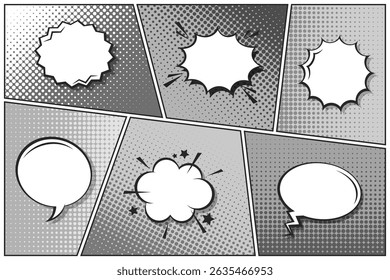 Cartoon comic backgrounds set. Speech bubble. Comics book black and white poster with halftone elements. Retro Pop Art style. Vector illustration