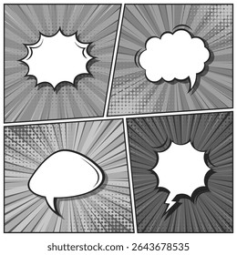 Cartoon comic backgrounds set. Speech bubble. Comics book black and white poster with halftone elements and radial lines. Retro Pop Art style. Vector illustration